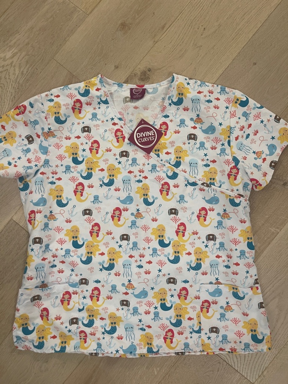 Women's White Mermaid Print Scrub Top